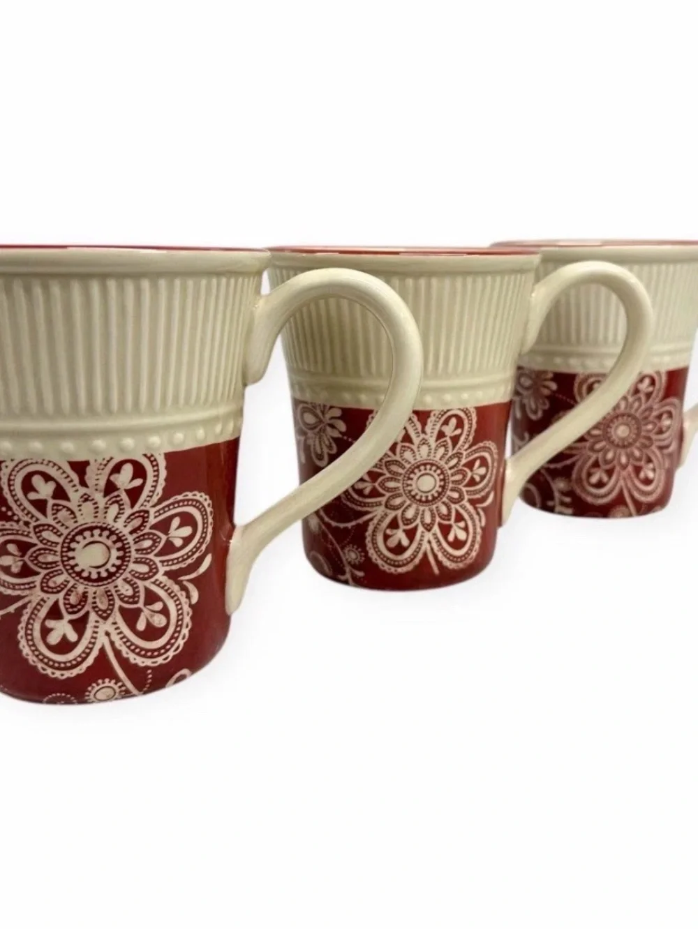 Pier 1 Imports Maribeth Ironstone Mugs Set of 3 Burgundy Cream Floral Cups